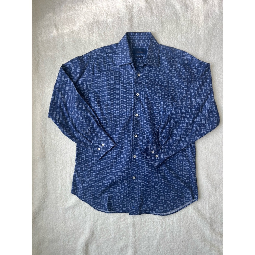 David Donahue Blue And White‎ Neat Print Regular Fit Button Up Shirt 16 34/35